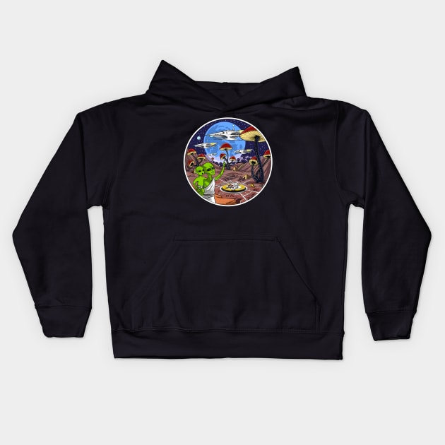 Psychedelic Magic Mushrooms Aliens Kids Hoodie by underheaven